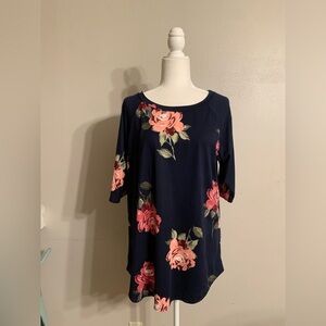 Cool Melon Floral Navy Top with Pink Roses